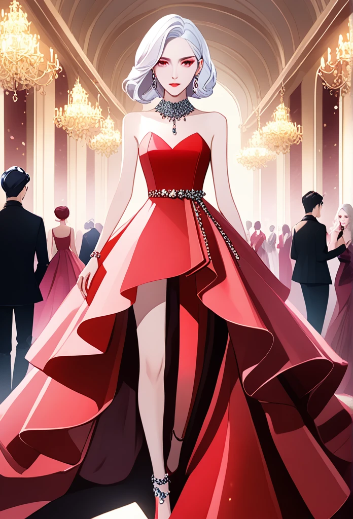 Woman about 25 years old,stylist and fashionista, white hair, pink eyes,Red dress, that the character is standing at a large party and that the entire character can be seen from the front 