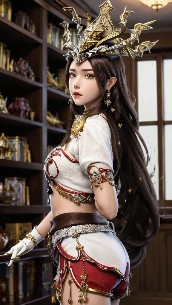  (masterpiece:1.3), (best quality:1.3),indoors,bookshelf,window,solo,1girl, reisalin_stout, upper body, standing,brown hair, brown eyes, solo, hairclip, earrings, jewelry, long_hair, white_headwear, hat, hair_ornament, brown_gloves, necklace, short_shorts, x hair ornament, red shorts, braid,