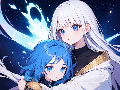 woman with hair and stars in her hair, glowing blue face, shiny flowing hair, girl with space hair, from blue fire, yuri shvedof...