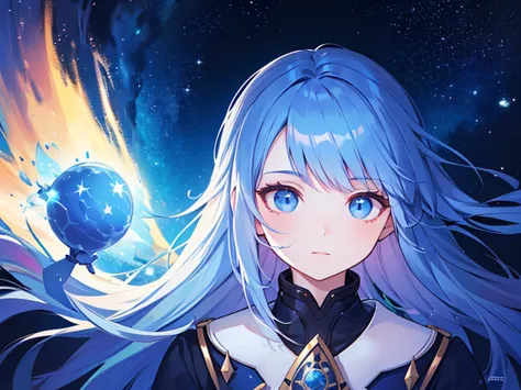 woman with hair and stars in her hair, glowing blue face, shiny flowing hair, girl with space hair, from blue fire, yuri shvedof...