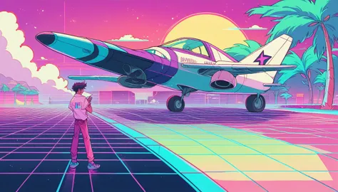 airplane, synthwave 80s, retrowave