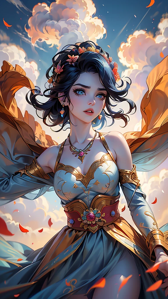 (La Best Quality,A high resolution,Ultra - detailed,actual),xuer Fairy in clouds,clouds,fog,smoke,(Whole body:1.1),fly,(float,fall:1.4),Dynamic Angle,perspective,
medium breasts,(scattered petal:1.3),exposed collarbone,exposed shoulders,exposed abdomen,Colorful costumes,Love Roja Cian,(Face details: 1.5, bright blue eyes, beautiful face, pretty eyes, Iris lining, thin lips: 1.5, delgado, pale and sharp eyebrows, long, dark eyelashes, double tabs),(perfect hands: 1.4) ,( Perfect anatomy) More detailed 8K.unreal engine:1.4,HD,La Best Quality:1.4, photorealistic:1.4, skin texture:1.4, masterpiece:1.8,masterpiece, Best Quality,object object], (detailed face features:1.3),(The correct proportions),  (cowboy pose), (bright colors),( clouds esponjosa white gigantes :1.4),( Perfect anatomy), (detailed face :1.4), (UHD 8k)
