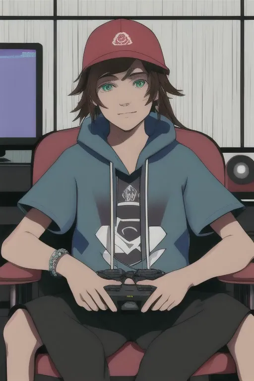 create an anime style image. the image in question is of a young 18-year-old boy sitting on his gaming chair in his gaming room....