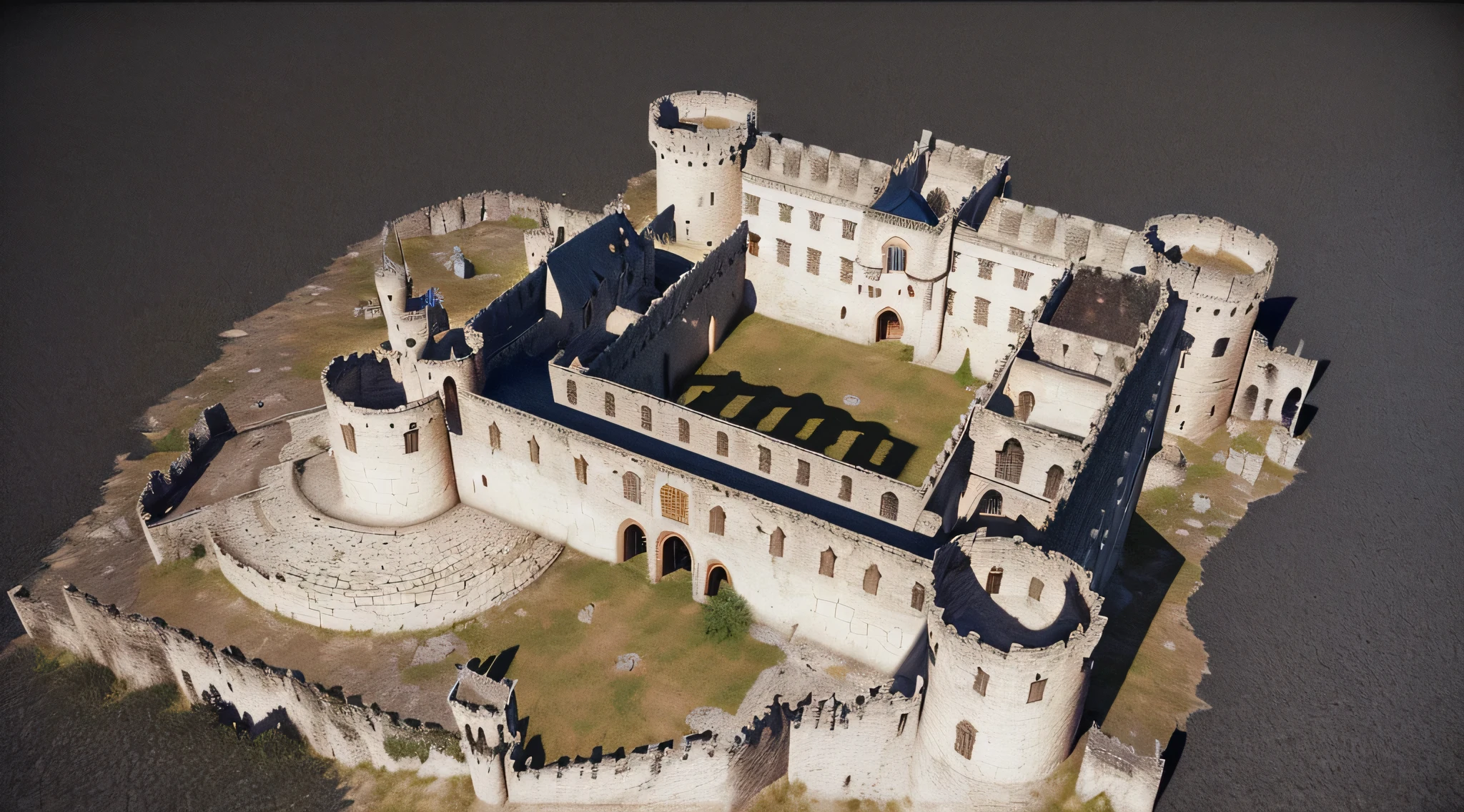 Vista aérea de un castillo con una torre y una rampa, fotogrametría, punto de nube, made from million punto de nubes, Obra maestra 3D Raytraced, Vista aérea del castillo de Mario 3D, 3d model, 3 d model, alta resolución y detalle, medieval citadel, fortaleza, 3 - D muy detallado, 3D altamente detallado, 3 d muy detallado