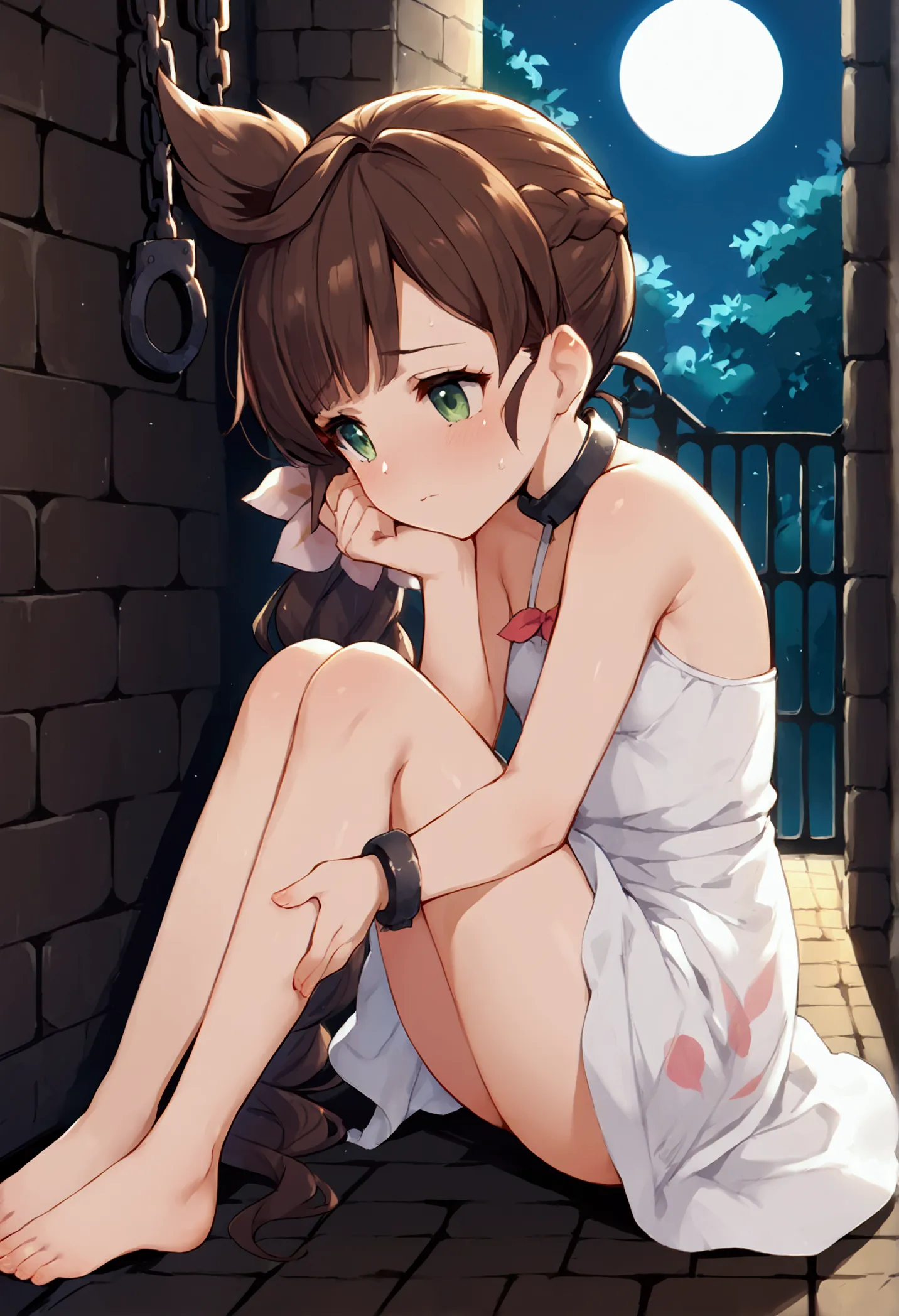 1girl, io \(granblue fantasy\),  small breast, shackles, chocker, brown sundress, barefoot, sad, dungeon, darkness, night, close...