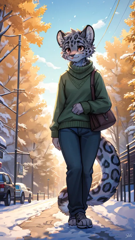 (very detailed illustration: 1.2), best quality, masterpiece, solo, natural lighting, An young anthro female snow leopard with b...