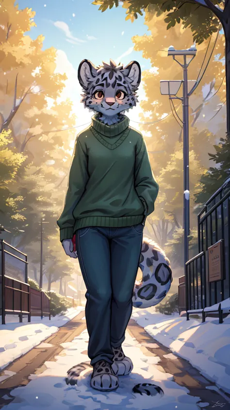 (very detailed illustration: 1.2), best quality, masterpiece, solo, natural lighting, An young anthro female snow leopard with b...