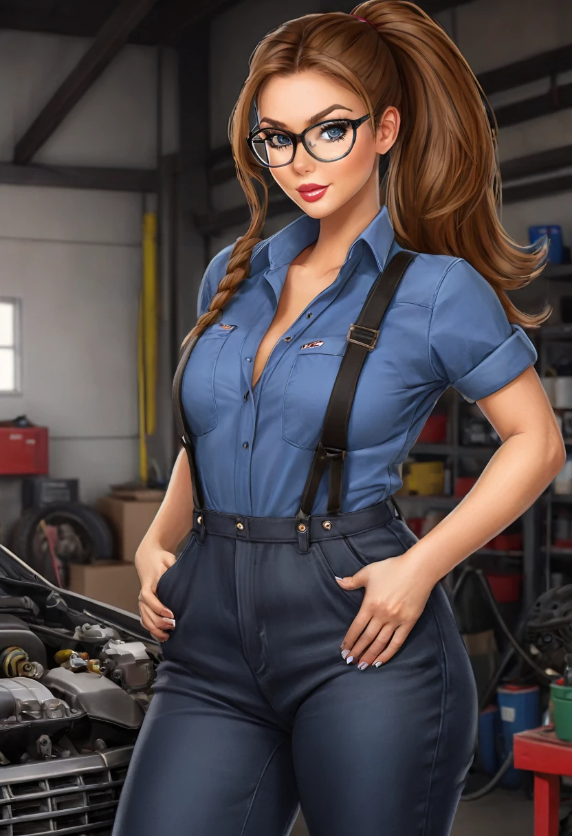  brown hair, ponytail, , huge breasts, cleavage, sexy mechanic, in a garage, (perfect hands:1.1)  (extreme far shot, full body, zoomed out:1.1) topless nude  just wear  black suspender with jumpsuit with blue jeans also wear round glasses black  ((show hard red nipples))