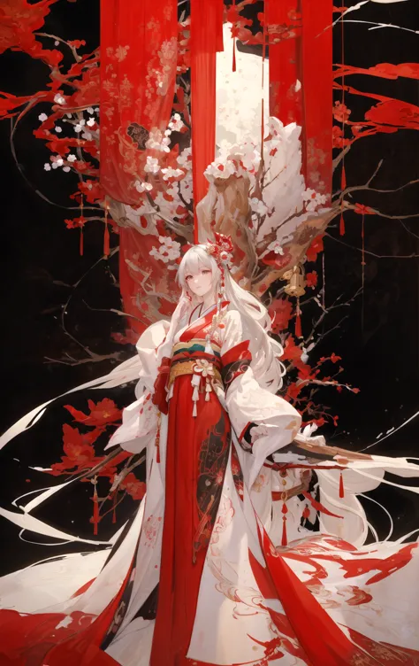 digital painting, anime-style, a beautiful young woman with long flowing white hair adorned with red flowers, wearing a traditio...