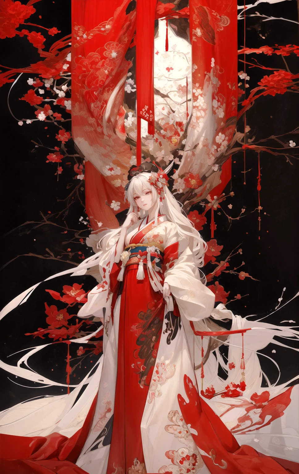 digital painting, anime-style, a beautiful young woman with long flowing white hair adorned with red flowers, wearing a traditional red and white kimono with intricate floral patterns, standing gracefully against a dramatic and ornate background filled with red and white floral motifs, vibrant and contrasting color scheme with dominant reds, detailed and elaborate designs, soft and ethereal lighting, serene and poised expression, high contrast, intricate details, elegant and captivating atmosphere, highly detailed, perfect lighting, vibrant colors, (masterpiece: 2), best quality, ultra highres, original, extremely detailed, perfect lighting
 