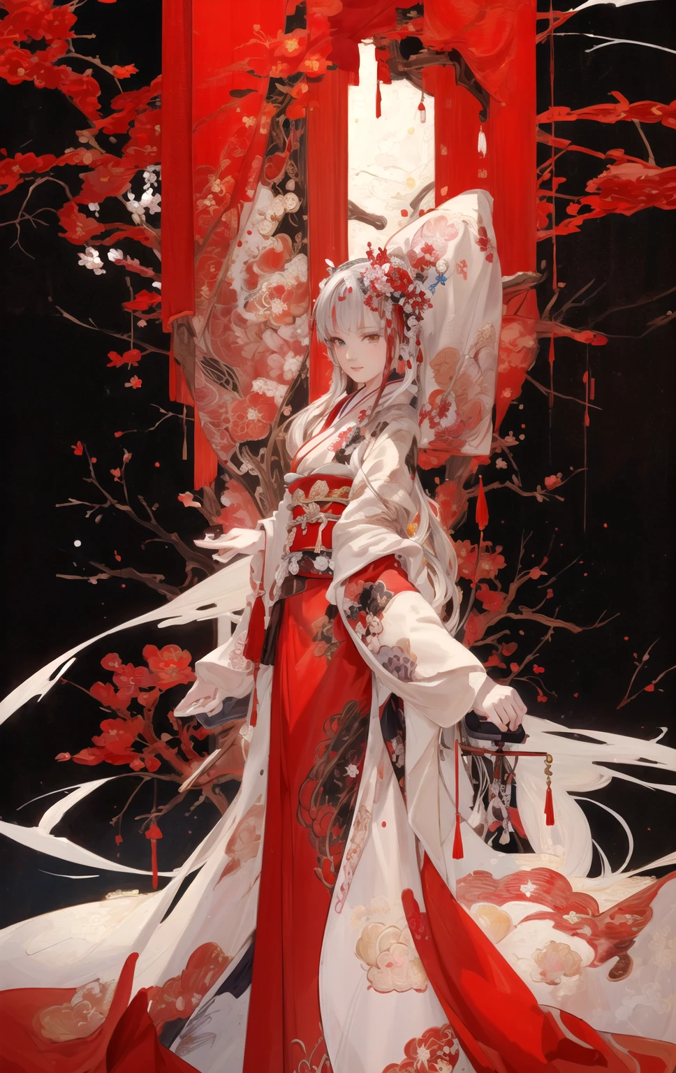 digital painting, anime-style, a beautiful young woman with long flowing white hair adorned with red flowers, wearing a traditional red and white kimono with intricate floral patterns, standing gracefully against a dramatic and ornate background filled with red and white floral motifs, vibrant and contrasting color scheme with dominant reds, detailed and elaborate designs, soft and ethereal lighting, serene and poised expression, high contrast, intricate details, elegant and captivating atmosphere, highly detailed, perfect lighting, vibrant colors, (masterpiece: 2), best quality, ultra highres, original, extremely detailed, perfect lighting
 