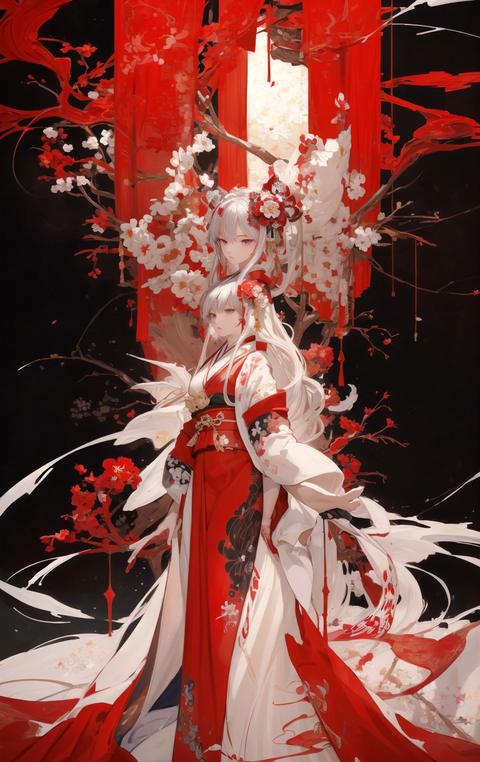 digital painting, anime-style, a beautiful young woman with long flowing white hair adorned with red flowers, wearing a traditional red and white kimono with intricate floral patterns, standing gracefully against a dramatic and ornate background filled with red and white floral motifs, vibrant and contrasting color scheme with dominant reds, detailed and elaborate designs, soft and ethereal lighting, serene and poised expression, high contrast, intricate details, elegant and captivating atmosphere, highly detailed, perfect lighting, vibrant colors, (masterpiece: 2), best quality, ultra highres, original, extremely detailed, perfect lighting
 