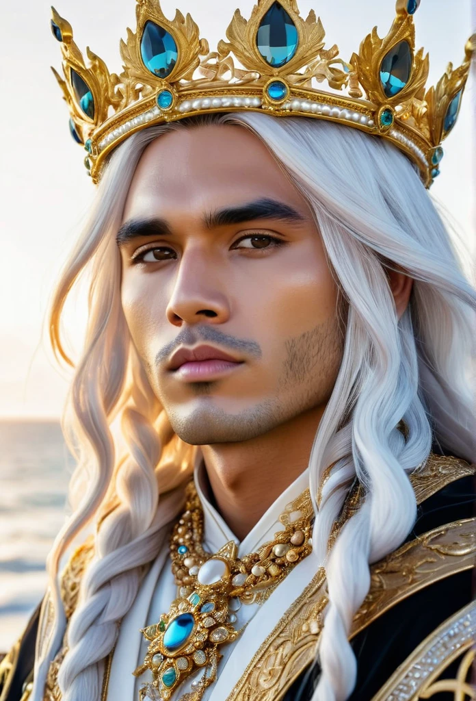 (((King Oxalá / GOD )))on a SKY a bright light, Sorceress, beautiful Man 16KPensativo, Cabelo branco, Fundo simples, Capuz, Barba, sorceress, (( oxalá UHD ))) With a beautiful crown of shells and pearls, volantes+ribbons+detailed in tone , It should look charming and beautiful, Keep the iconic elements of the original character. Male King GOD must have a sensual round face with large dimensions, clear eyes, long eyelashes and rosy cheeks. Your hair should be in great black tones . Elegant like a king : Vista-se Chibi em um luxuoso e elegante Bata detalhes standingrolas dourada . He wears a veil on the shore, The character&#39;s costume is a beautiful light blue lace dress. . standing, . Magic Accessories: Add charming accessories to the chibi, shell necklaces and earrings .Be sure to add shadows, textures and details in the hair, God accessories, to make you even more charming and charming. Give him a smiling expression and a smile on his face, Capturing the essence of the character in a subtle way, Delicate hands,( beach scenery, deep surrealistic landscape, king Oxalá and its mermaids )