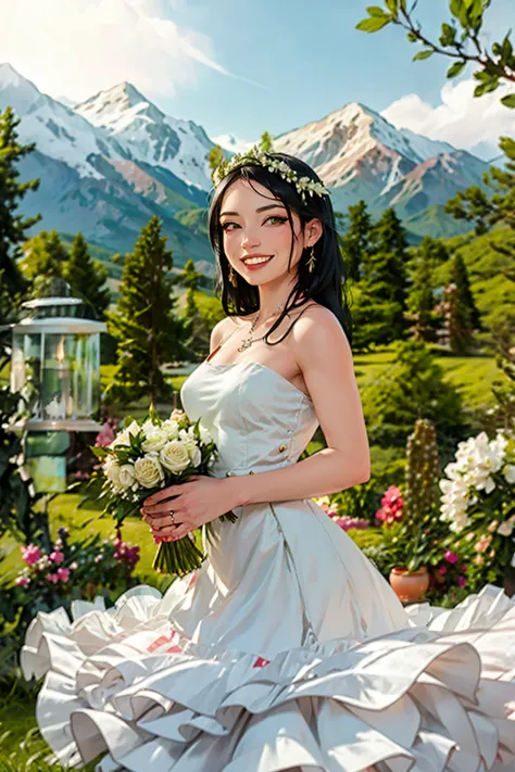 a beautiful woman with long black hair, green eyes, smiling, a portrait of happiness, woman wearing a wedding dress, garden wedd...