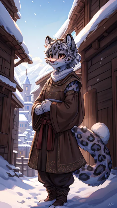 (very detailed illustration: 1.2), best quality, masterpiece, solo, natural lighting, An young anthro female snow leopard with b...