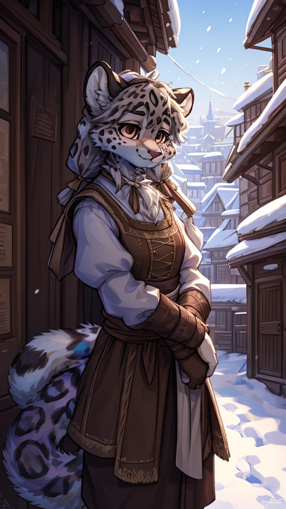 (very detailed illustration: 1.2), best quality, masterpiece, solo, natural lighting, An young anthro female snow leopard with brown eyes, she has snow leopard fur un all her body, she is dressed in peasant clothes, she is in a medieval city.