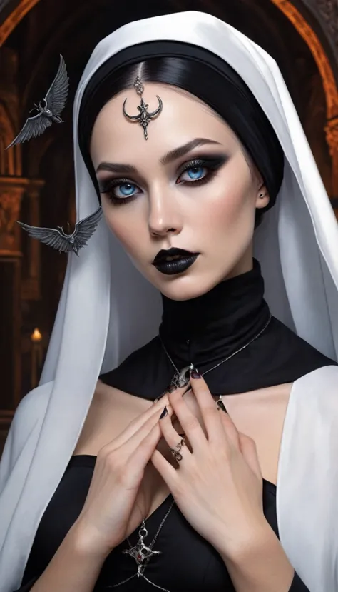 digital art .super realistic ,very beautiful and sexy ,elegant and luxurious nun in the style of eric wallis,.looks into the cam...