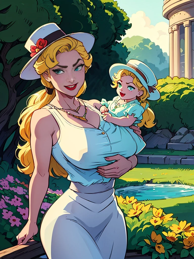 Helga Sinclair, her holding baby girl, Victorian dress, huge breasts, glowing crystal necklace, white top brown skirt, smile, white button blouse, buttons undone, hair up, brown hat with yellow flowers, looking at viewer, in park, green hedges