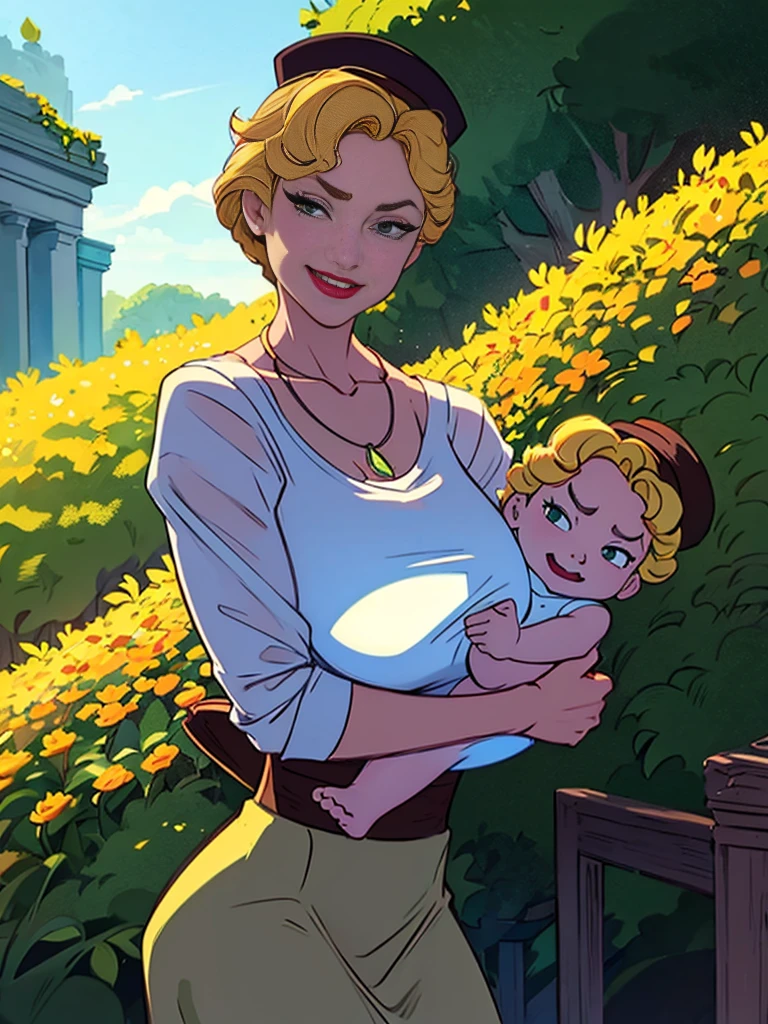 Helga Sinclair, her holding baby girl, Victorian dress, huge breasts, glowing crystal necklace, white top brown skirt, smile, white button blouse, buttons undone, hair up, brown hat with yellow flowers, looking at viewer, in park, green hedges