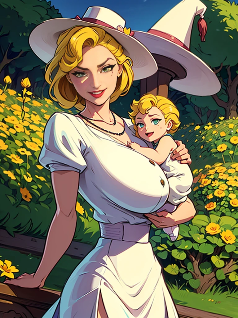 Helga Sinclair, her holding baby girl, Victorian dress, huge breasts, glowing crystal necklace, white top brown skirt, smile, white button blouse, buttons undone, hair up, brown hat with yellow flowers, looking at viewer, in park, green hedges