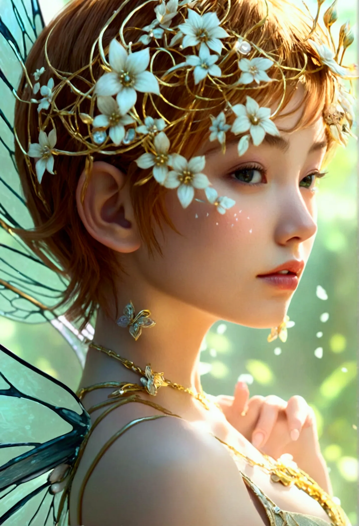 realistic fairy forest, tinkerbell made of gold and white transparent light_delicate features, translucent foot-raising body, a ...