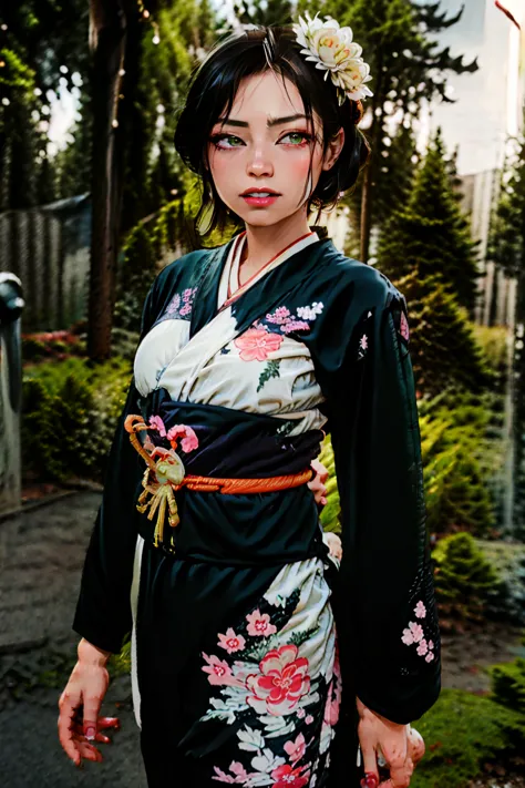 a beautiful woman with green eyes and black hair, wearing a kimono, standing elegantly in a japanese garden, detailed facial fea...