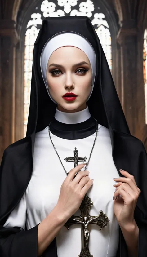 digital art, luxurious,sexy,very beautiful and elegant gothic woman in a nun&#39;s robe,mesmerizingly beautiful eyes looking sex...