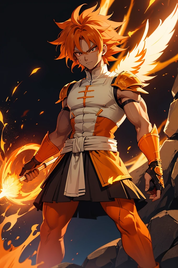 Tanned male with long, orange saiyan hair, wearing bright orange armour, wearing a skirt made of phoenix feathers, with flame tattoos on their face