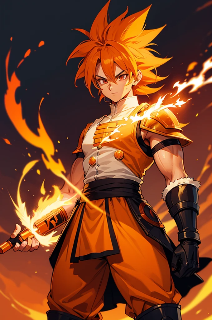 Tanned male with long, orange saiyan hair, wearing bright orange armour, wearing a skirt made of phoenix feathers, with flame tattoos on their face