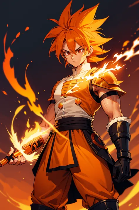 tanned male with long, orange saiyan hair, wearing bright orange armour, wearing a skirt made of phoenix feathers, with flame ta...