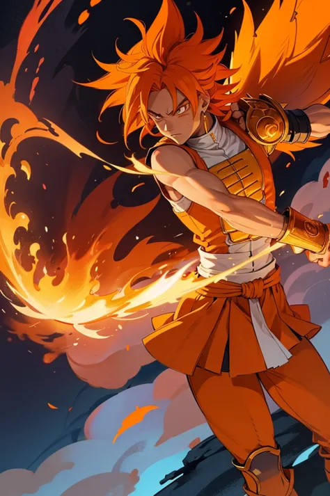 tanned male with long, orange saiyan hair, wearing bright orange armour, wearing a skirt made of phoenix feathers, with flame ta...