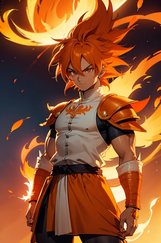 Tanned male with long, orange saiyan hair, wearing bright orange armour, wearing a skirt made of phoenix feathers, with flame tattoos on their face, in fantasy style