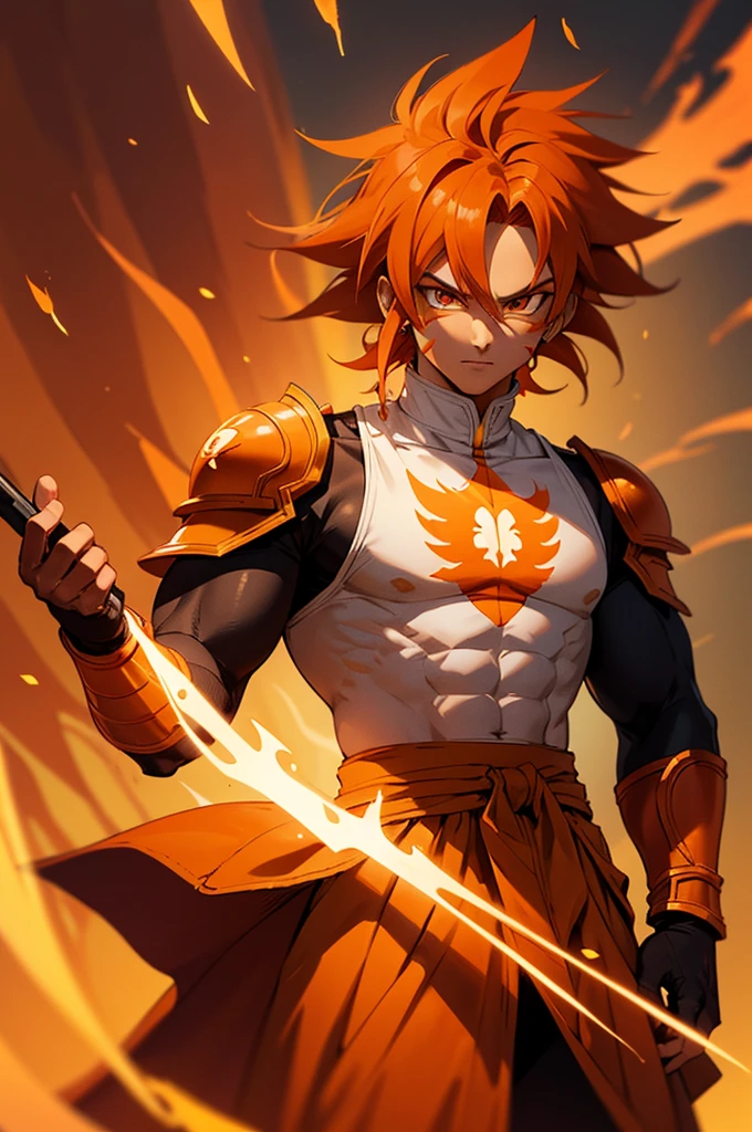 Tanned male with long, orange saiyan hair, wearing bright orange armour, wearing a skirt made of phoenix feathers, with flame tattoos on their face, in fantasy style