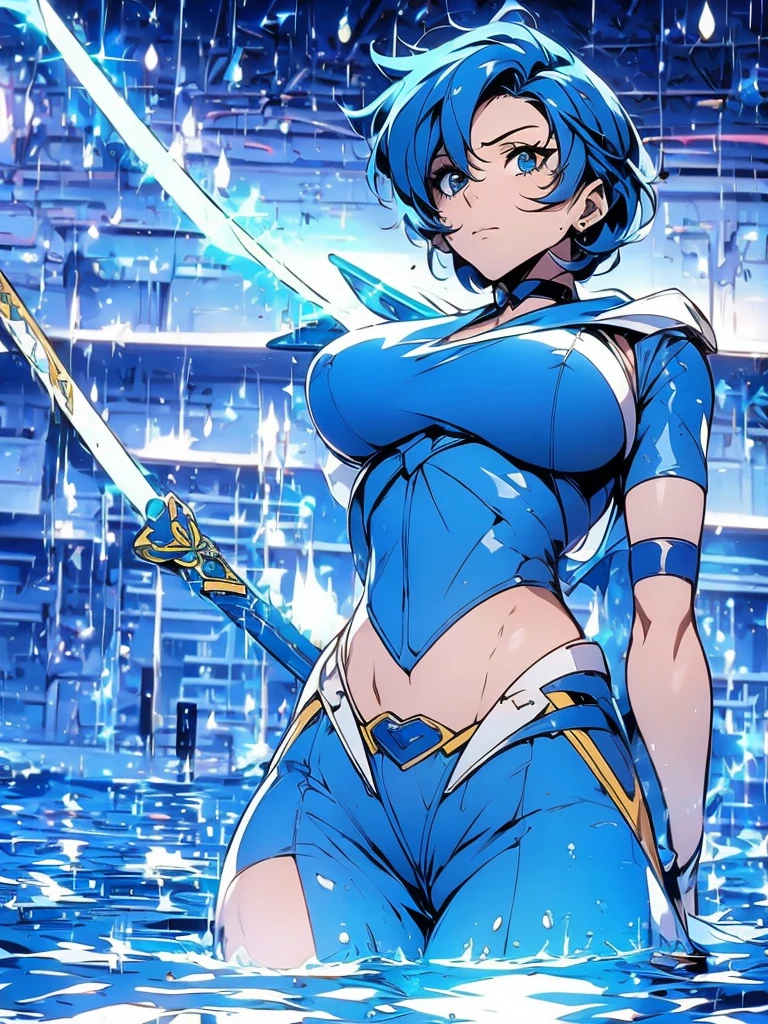 Marin Mercury en tenue de police complète,CHEVEUX LONGS BLEU,Power Ranger bleu, Ouragan ,Femme gothique sexy gros seins, feuille de personnage,à l’intérieur d’une piscine,haute résolution, gros seins, Cyber samouraï,épées de glace ￼