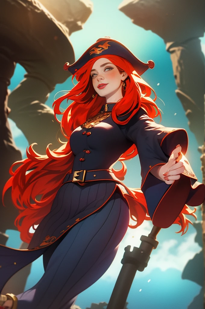 ginger woman with freckles,Lovely and beautiful Fas,frekles 28 year old,Red hair,double tails, Practical pirate clothing, (Long-sleeved pirate top), Skirt,Torn pirate hat, view the viewer, fantasy, Cinematic lighting,Masterpiece,