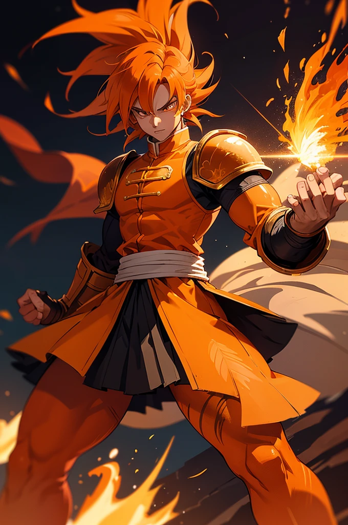 Tanned male with long, orange saiyan hair, wearing heavy orange armour, wearing a skirt made of phoenix feathers, with flame tattoos on their face, in fantasy style