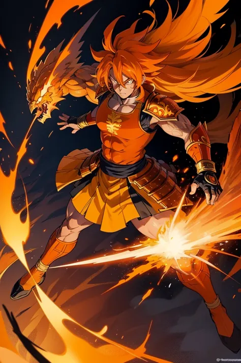 tanned male with long, thick orange saiyan hair, wearing heavy orange armour, wearing a skirt made of phoenix feathers, with fla...