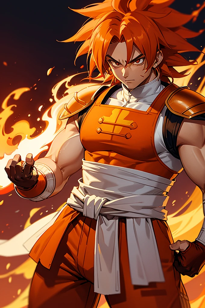 Tanned male with long, thick orange saiyan hair, wearing heavy orange armour, wearing red feathers around his waist, with flame tattoos on their face, in fantasy style