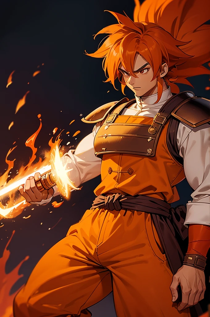 Tanned male with long, thick orange saiyan hair, wearing heavy orange armour, wearing red feathers around his waist, with flame tattoos on their face, in fantasy style