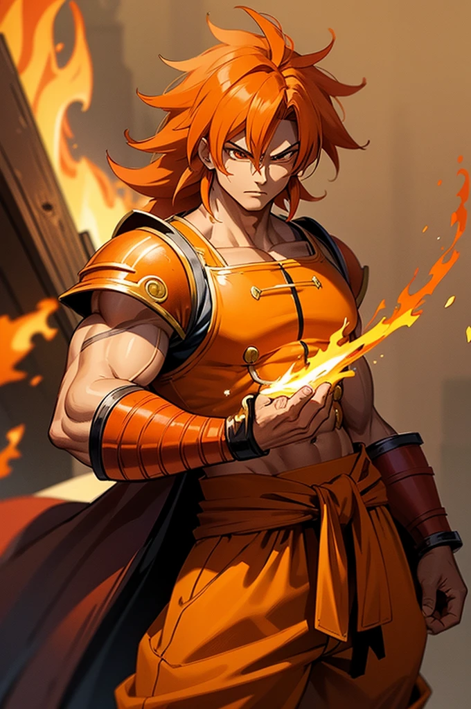 Tanned male with long, thick orange saiyan hair, wearing heavy orange armour, wearing red feathers around his waist, with flame tattoos on their face, in fantasy style