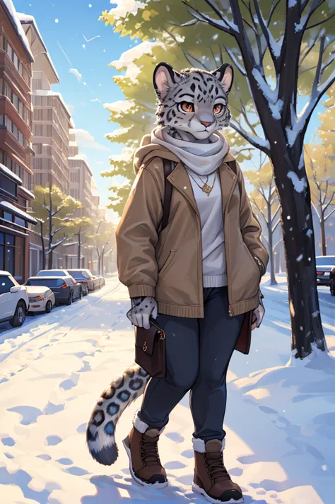 (very detailed illustration: 1.2), best quality, masterpiece, solo, natural lighting, An young anthro female snow leopard with b...