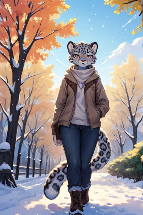 (very detailed illustration: 1.2), best quality, masterpiece, solo, natural lighting, An young anthro female snow leopard with b...