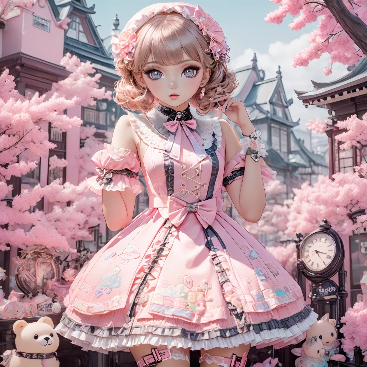 Süßes Harajuku_LoROne, One *zensiert* Skurriler Fashionista, geheimnisvoller Blick, Hochtechnologie tragen (Klares OneND Pink Heather) *zensiert* Kostüm, Drehe deinen Kopf, um einen komplizierten Spitzenkragen zu enthüllen. Gerendert als hochdetaillierte digitale Illustration、 *zensiert*- Inspirierte Farbpalette, Gefeiert *zensiert* Modedesignerarbeit. (Ganzkörperaufnahme), 