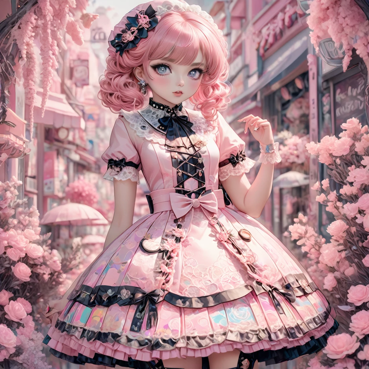 Süßes Harajuku_LoROne, One *zensiert* Skurriler Fashionista, geheimnisvoller Blick, Hochtechnologie tragen (Klares OneND Pink Heather) *zensiert* Kostüm, Drehe deinen Kopf, um einen komplizierten Spitzenkragen zu enthüllen. Gerendert als hochdetaillierte digitale Illustration、 *zensiert*- Inspirierte Farbpalette, Gefeiert *zensiert* Modedesignerarbeit. (Ganzkörperaufnahme), 