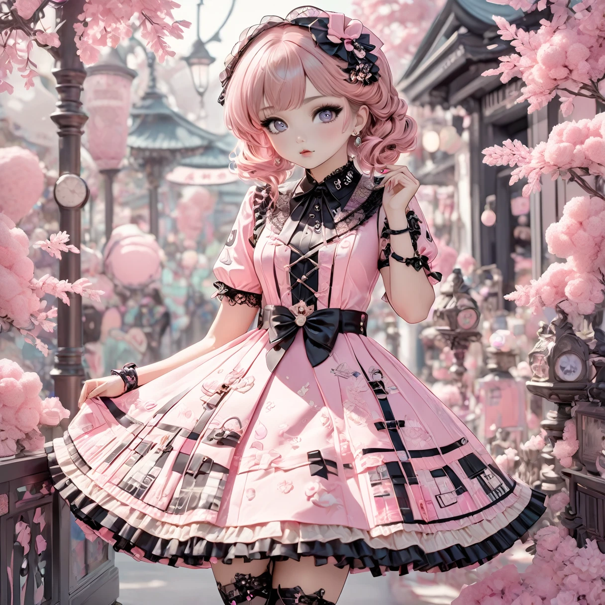 Süßes Harajuku_LoROne, One *zensiert* Skurriler Fashionista, geheimnisvoller Blick, Hochtechnologie tragen (Klares OneND Pink Heather) *zensiert* Kostüm, Drehe deinen Kopf, um einen komplizierten Spitzenkragen zu enthüllen. Gerendert als hochdetaillierte digitale Illustration、 *zensiert*- Inspirierte Farbpalette, Gefeiert *zensiert* Modedesignerarbeit. (Ganzkörperaufnahme), 