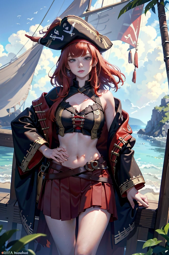 （8K qualityginger woman with freckles,Lovely and beautiful Fas,frekles 28 year old,Red hair,double tails, Practical pirate clothing, (Long-sleeved pirate top), Skirt,Torn pirate hat, view the viewer, fantasy, Cinematic lighting,Masterpiece,Extremely beautiful young lady，perfect body figure，Proud of your figure，Nice face，Correct human dissection