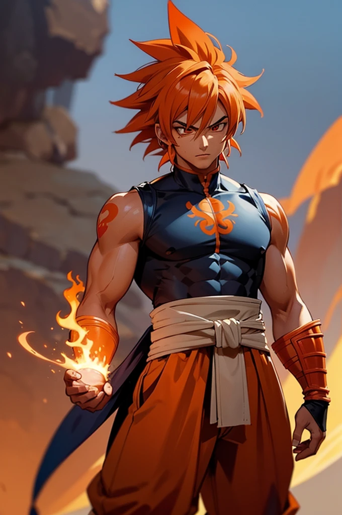 Tanned male with long, thick orange saiyan hair, wearing orange armour, wearing red feathers around his waist, with flame tattoos on their face, in fantasy style