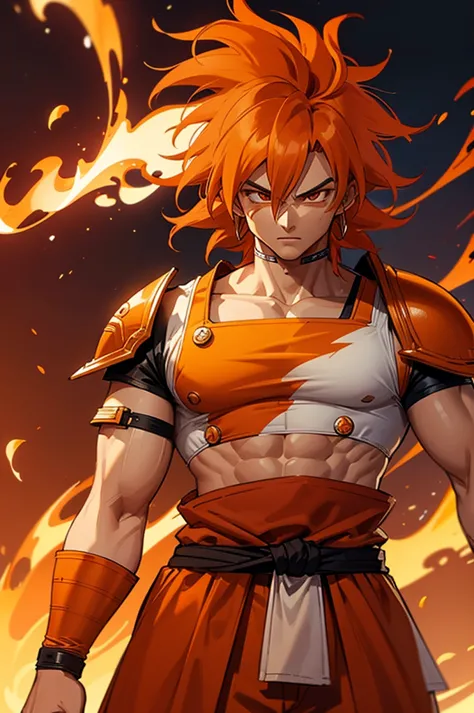 tanned male with long, thick orange saiyan hair, wearing orange armour, wearing red feathers around his waist, with flame tattoo...