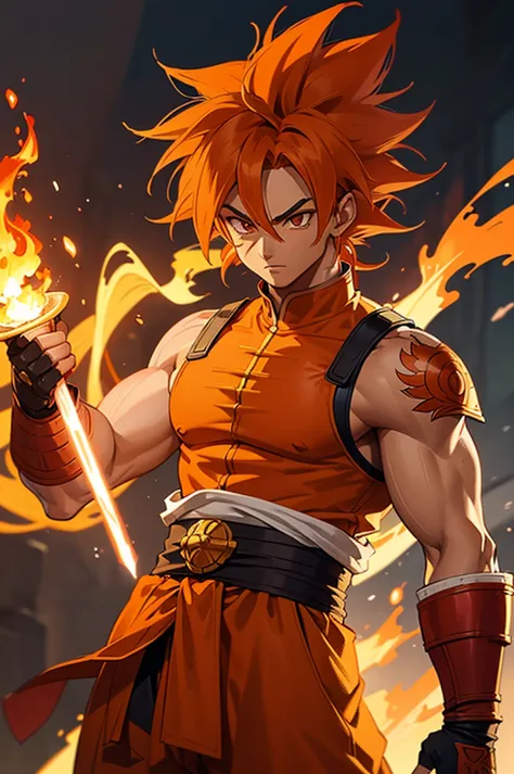 tanned male with long, thick orange saiyan hair, wearing orange armour, wearing red feathers around his waist, with flame tattoo...