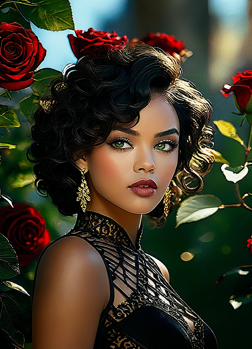 In high quality, a work of art. 8k.Beautiful black woman, expressive face, very clear green eyes, red mouth, marked makeup, short and curly black hair, red rose in her hair, red stone gold earrings, black strappy dress in detailed and intricate golden lace. Stunning image, on studio background, white backlight, red flowers with black leaves, Nikon D7000 camera, 35mm lens, f11, speed 125sec. UHD.